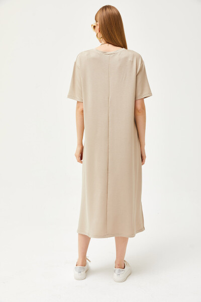 Soft textured, beige, V-neck dress with side slit (ELB-19002063) - 5