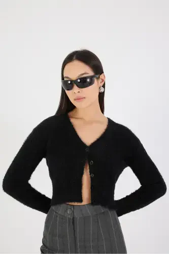 Soft Textured Buttoned Crop Cardigan H3339-a2-Black - 1