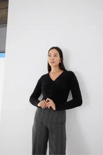 Soft Textured Buttoned Crop Cardigan H3339-a2-Black - ADDAX (1)