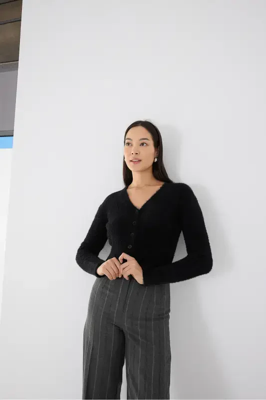 Soft Textured Buttoned Crop Cardigan H3339-a2-Black - 2