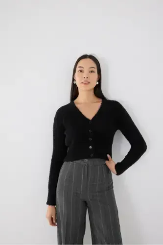 Soft Textured Buttoned Crop Cardigan H3339-a2-Black - 4