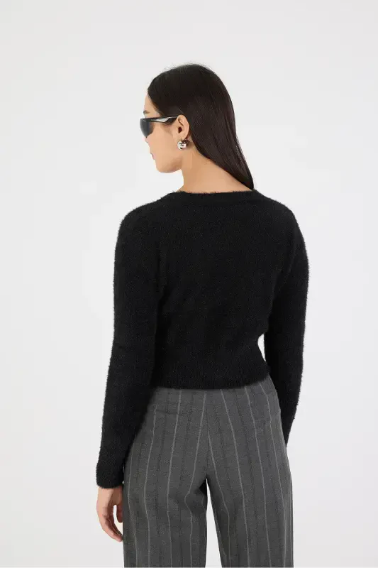 Soft Textured Buttoned Crop Cardigan H3339-a2-Black - 5