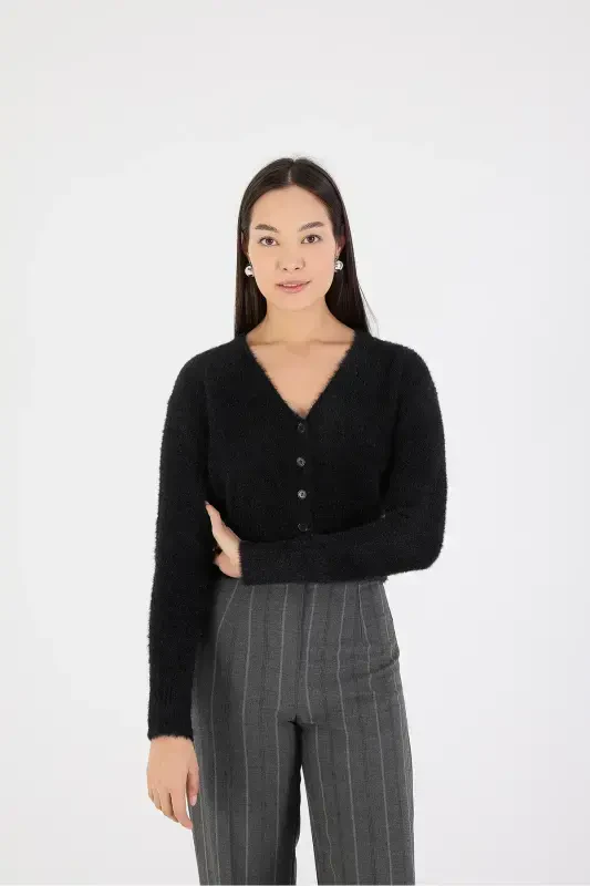 Soft Textured Buttoned Crop Cardigan H3339-a2-Black - 6