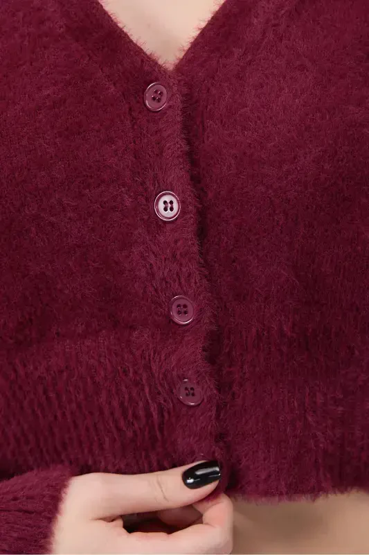 Soft Textured Buttoned Crop Cardigan H3339-A2-S.BORDEAUX - 2