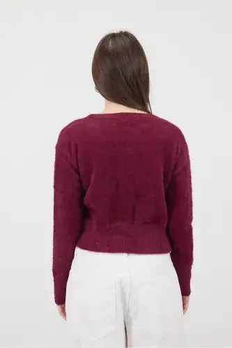 Soft Textured Buttoned Crop Cardigan H3339-A2-S.BORDEAUX - 4