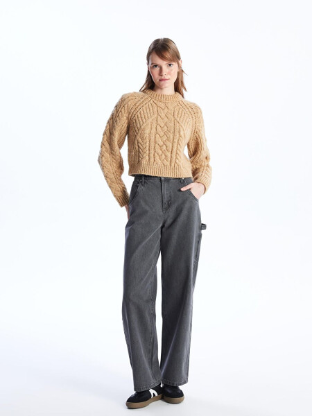 Soft Textured Cable Knit Sweater with Crew Neck - Camel Color - 7