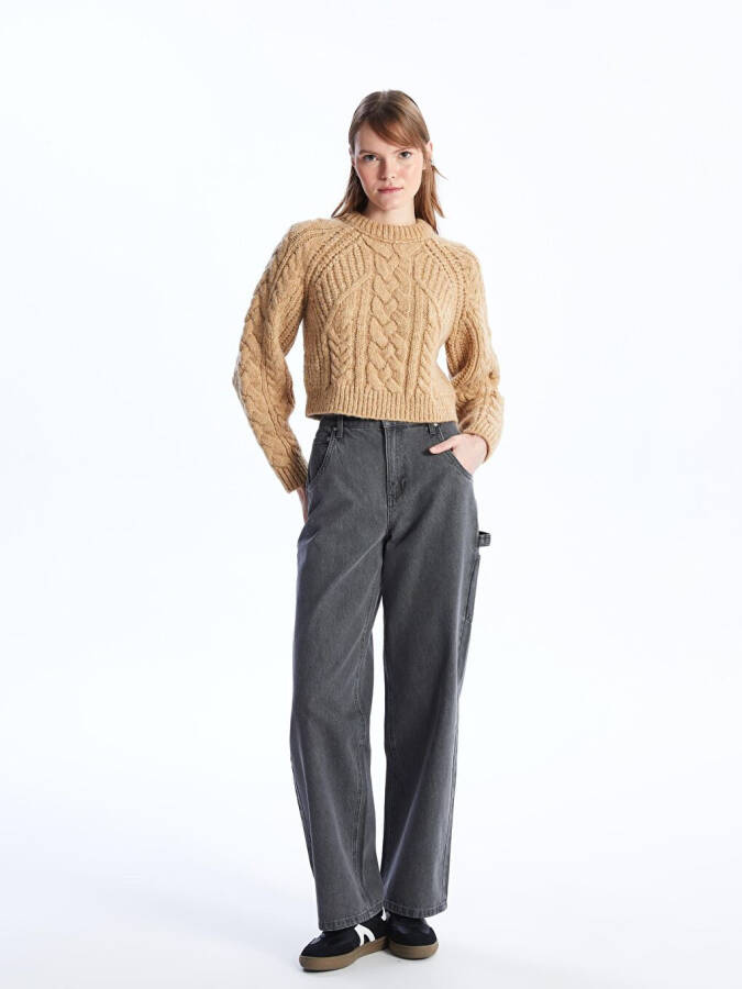 Soft Textured Cable Knit Sweater with Crew Neck - Camel Color - 7