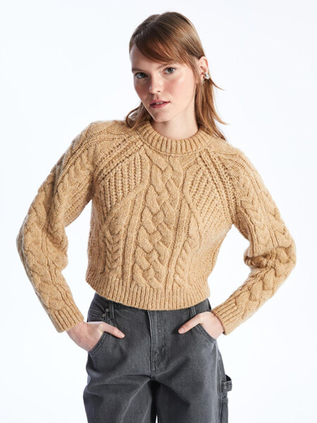 Soft Textured Cable Knit Sweater with Crew Neck - Camel Color - 8