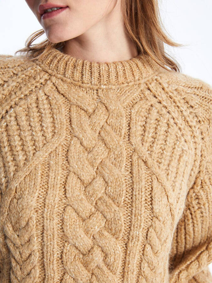 Soft Textured Cable Knit Sweater with Crew Neck - Camel Color - 9