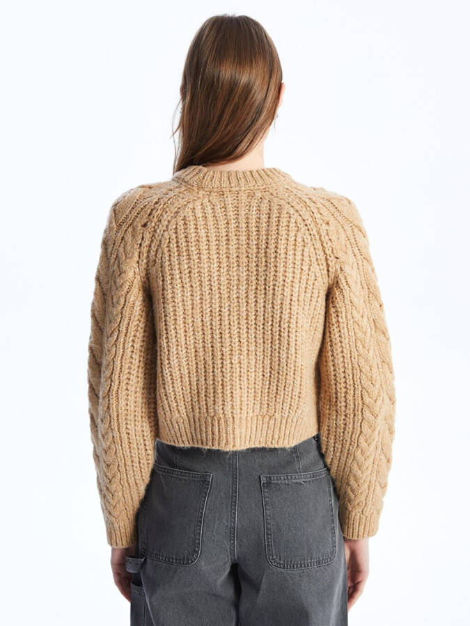 Soft Textured Cable Knit Sweater with Crew Neck - Camel Color - 10