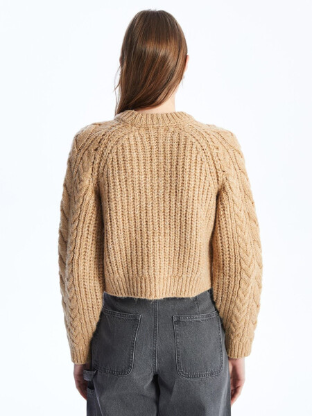 Soft Textured Cable Knit Sweater with Crew Neck - Camel Color - 5