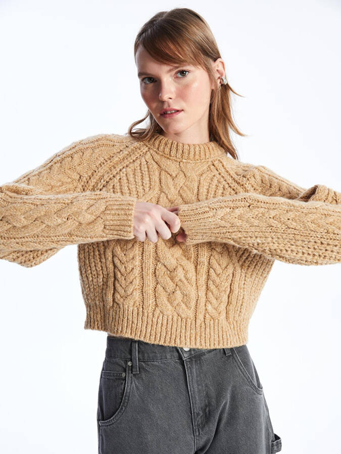 Soft Textured Cable Knit Sweater with Crew Neck - Camel Color - 11