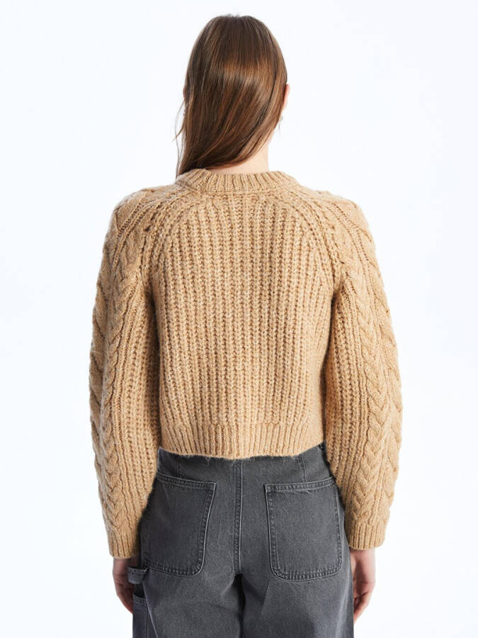 Soft Textured Cable Knit Sweater with Crew Neck - Camel Color - 15