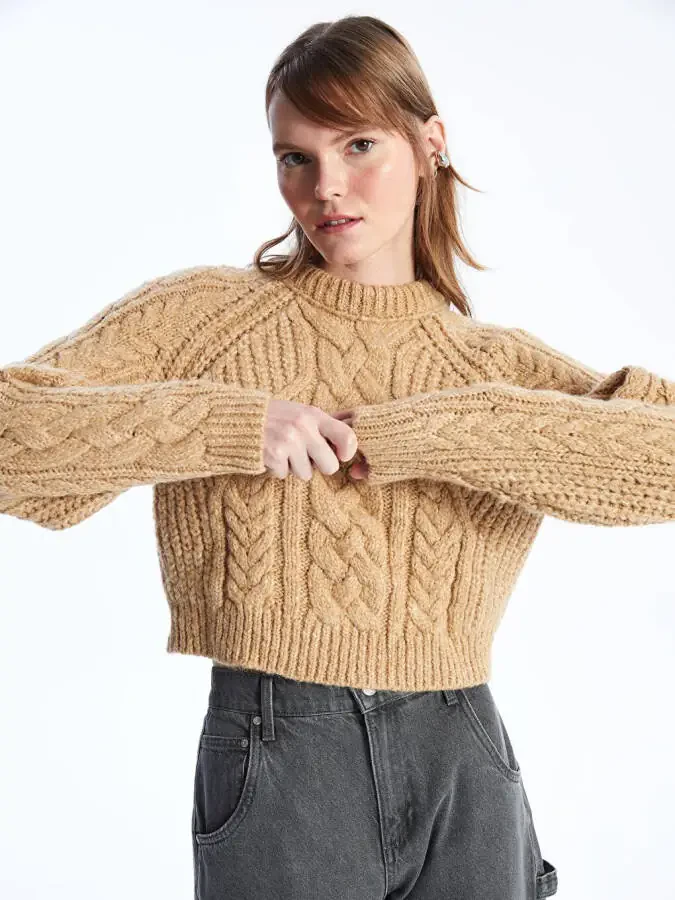 Soft Textured Cable Knit Sweater with Crew Neck - Camel Color - 1