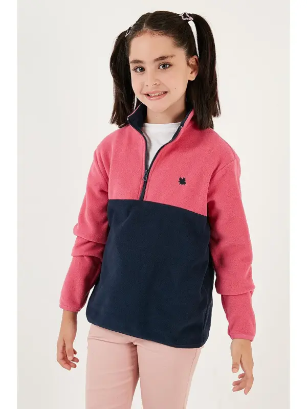 Soft Textured Half Zipper Color Block Stand-up Collar Fleece 5905004-Fuchsia - LC WAIKIKI