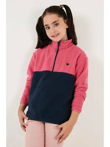 Soft Textured Half Zipper Color Block Stand-up Collar Fleece 5905004-Fuchsia - 2