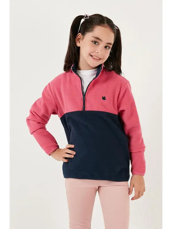 Soft Textured Half Zipper Color Block Stand-up Collar Fleece 5905004-Fuchsia - 3