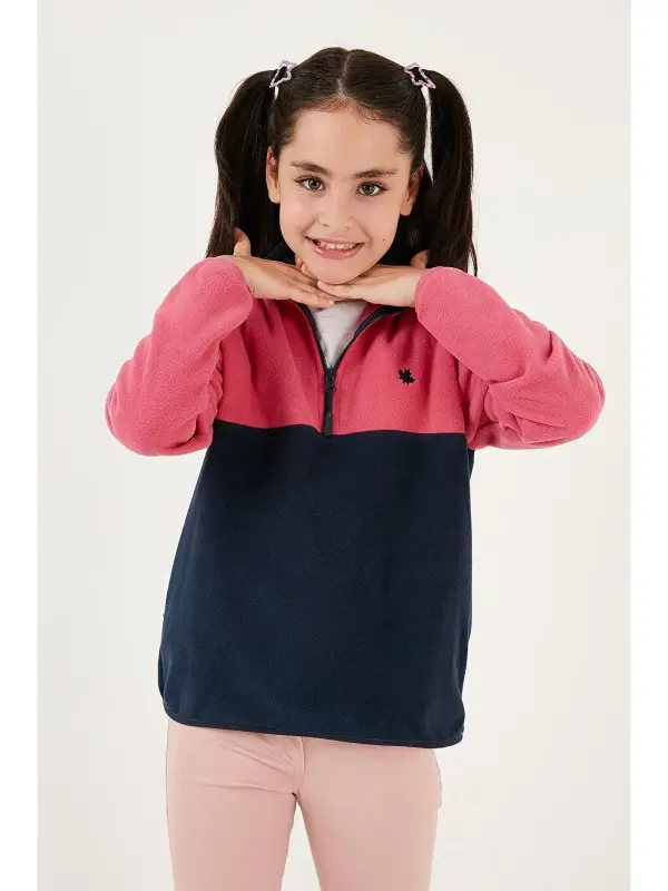 Soft Textured Half Zipper Color Block Stand-up Collar Fleece 5905004-Fuchsia - 4