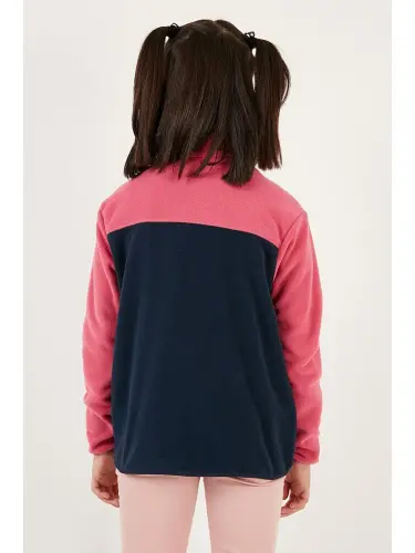 Soft Textured Half Zipper Color Block Stand-up Collar Fleece 5905004-Fuchsia - 5