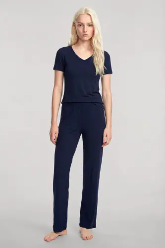 Soft Textured Minimal V-Neck Top Navy Blue - 3