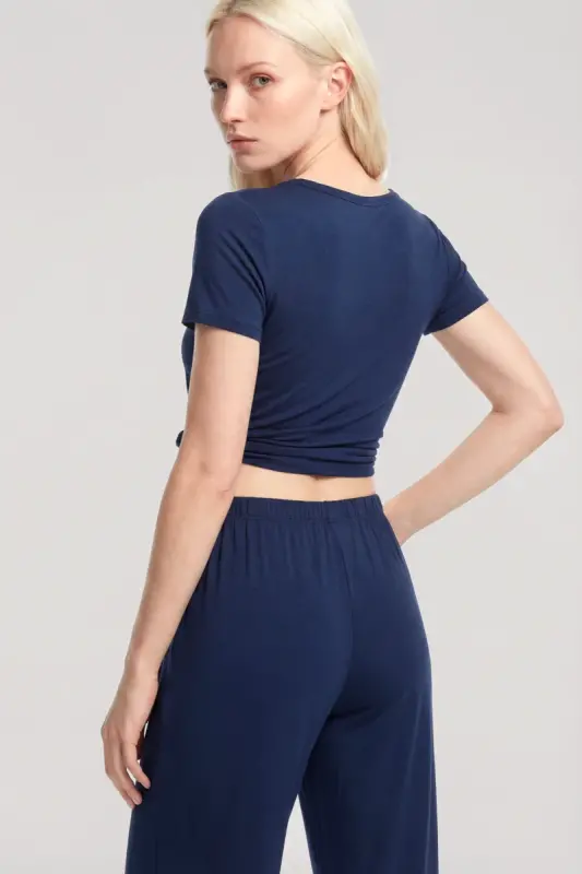 Soft Textured Minimal V-Neck Top Navy Blue - 4