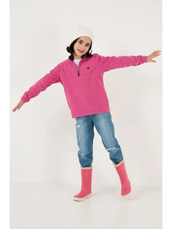 Soft Textured Zippered High Collar Fleece Winter Polar 5905002-Fuchsia - 2