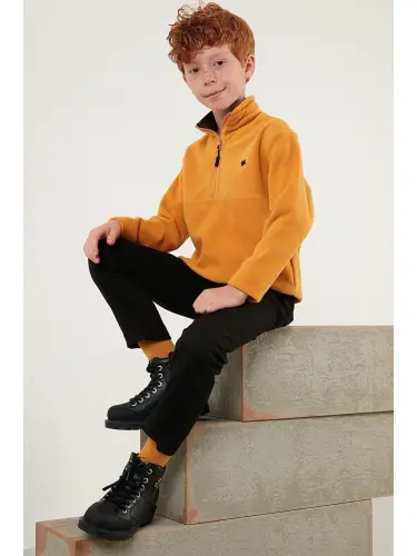 Soft Textured Zippered High Collar Winter Fleece with Fleece Interior 5905002-Yellow - 1