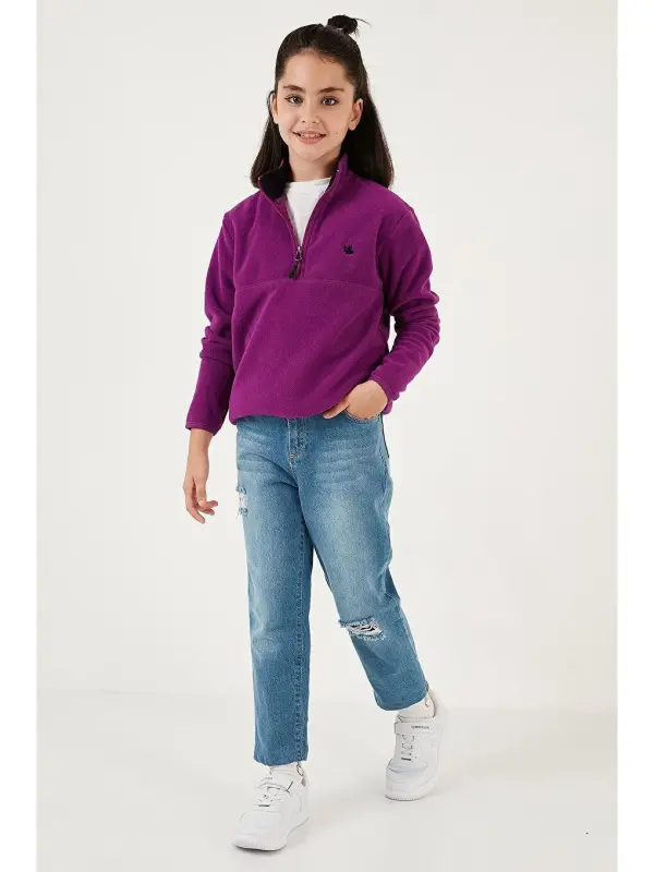 Soft Textured Zippered High Neck Fleece Winter Polar 5905002-Purple - 2