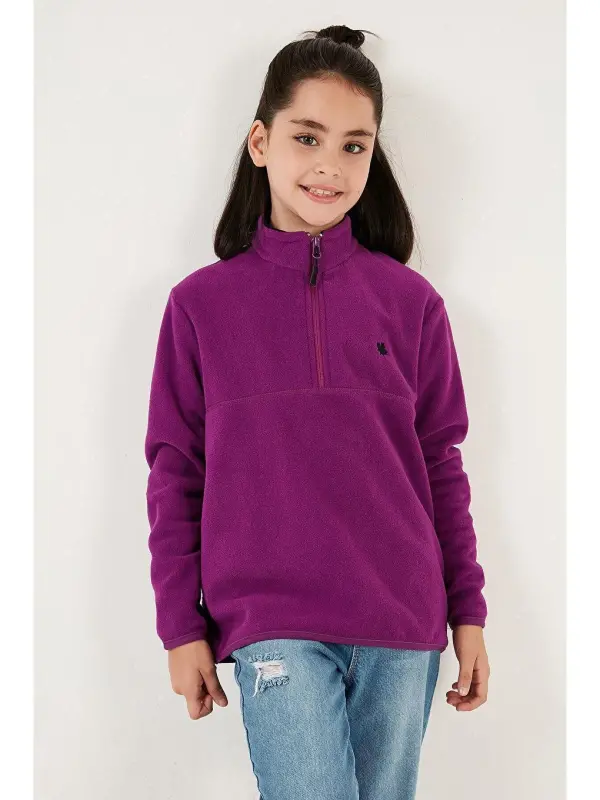 Soft Textured Zippered High Neck Fleece Winter Polar 5905002-Purple - 3