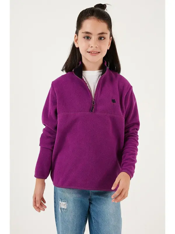 Soft Textured Zippered High Neck Fleece Winter Polar 5905002-Purple - 4