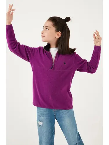 Soft Textured Zippered High Neck Fleece Winter Polar 5905002-Purple - 6
