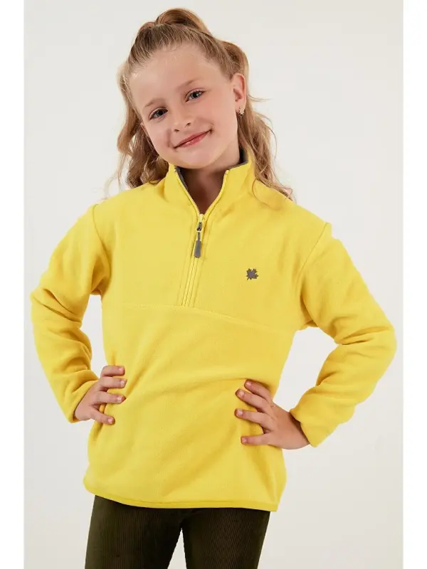 Soft Textured Zippered High Neck Fleece Winter Polar 5905002-Yellow - 3
