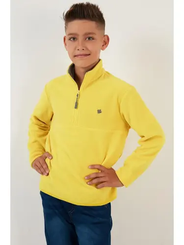 Soft Textured Zippered High Neck Fleece Winter Polar 5905002-Yellow - 4