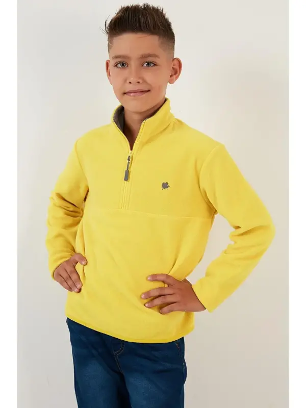 Soft Textured Zippered High Neck Fleece Winter Polar 5905002-Yellow - 4