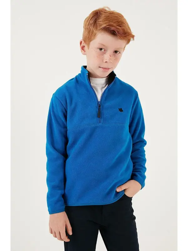 Soft Textured Zippered Stand-Up Collar Winter Fleece with Fleece Interior 5905002-Blue - LC WAIKIKI