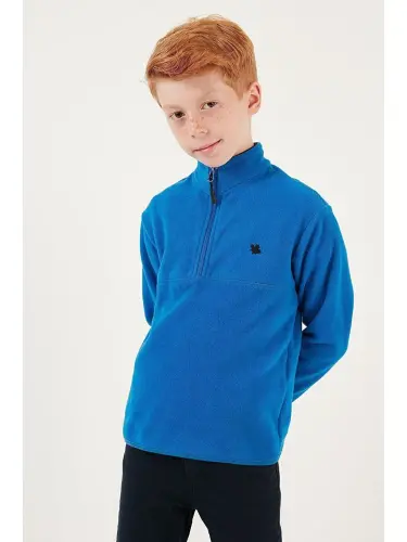 Soft Textured Zippered Stand-Up Collar Winter Fleece with Fleece Interior 5905002-Blue - 2