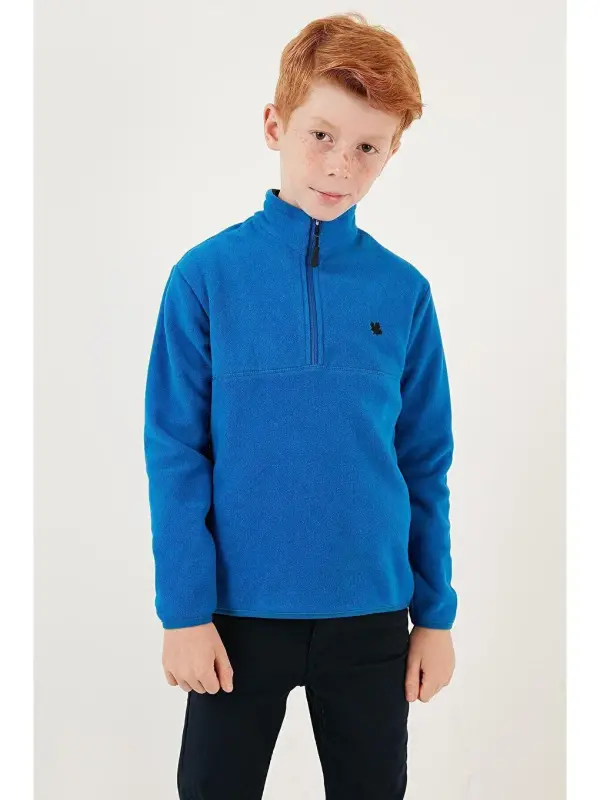 Soft Textured Zippered Stand-Up Collar Winter Fleece with Fleece Interior 5905002-Blue - 3