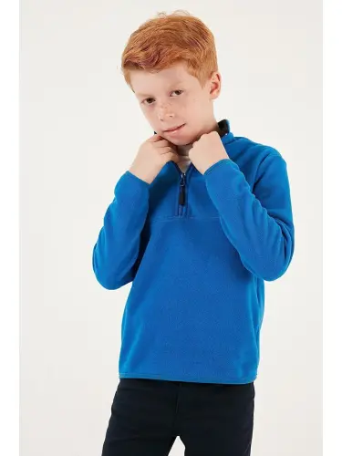 Soft Textured Zippered Stand-Up Collar Winter Fleece with Fleece Interior 5905002-Blue - 4