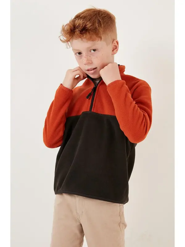 Soft Touch Half Zipper Color Block Stand-Up Collar Fleece 5905004-Black - 2