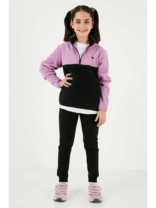 Soft Touch Half Zipper Color Block Stand-Up Collar Fleece 5905004-Black - 4