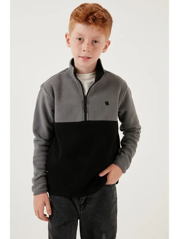 Soft Touch Half Zipper Color Block Stand-Up Collar Fleece 5905004-Gray - 1