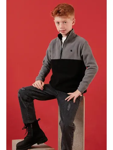 Soft Touch Half Zipper Color Block Stand-Up Collar Fleece 5905004-Gray - 2