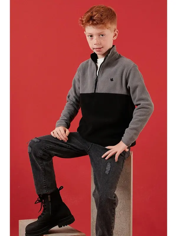 Soft Touch Half Zipper Color Block Stand-Up Collar Fleece 5905004-Gray - 2