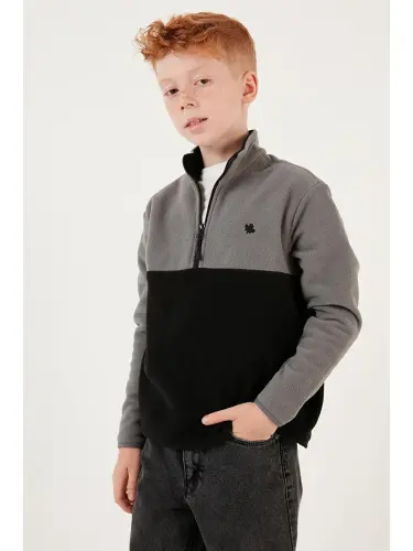 Soft Touch Half Zipper Color Block Stand-Up Collar Fleece 5905004-Gray - 3