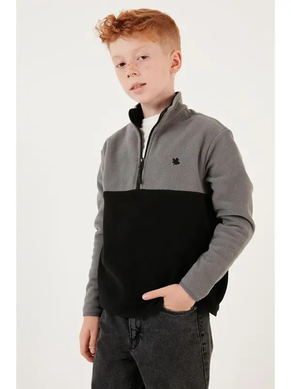 Soft Touch Half Zipper Color Block Stand-Up Collar Fleece 5905004-Gray - 3