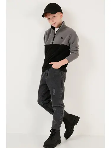 Soft Touch Half Zipper Color Block Stand-Up Collar Fleece 5905004-Gray - 4