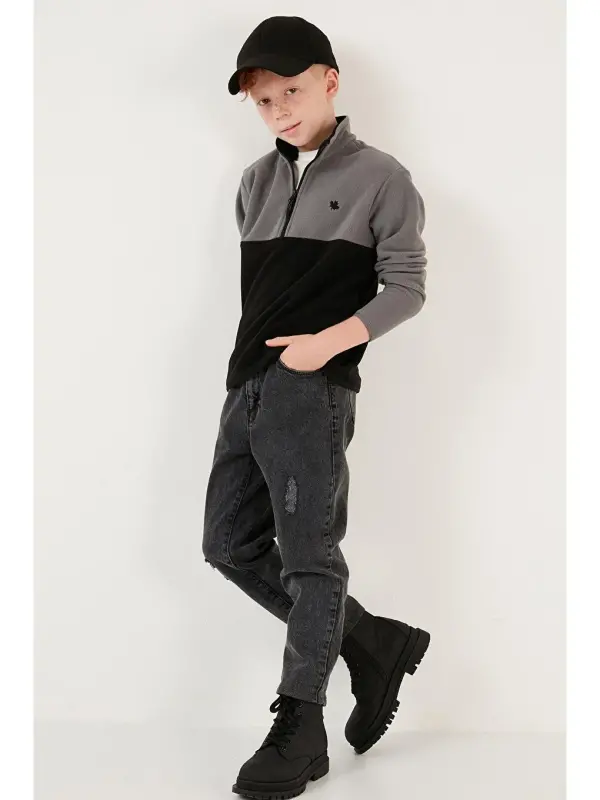 Soft Touch Half Zipper Color Block Stand-Up Collar Fleece 5905004-Gray - 4