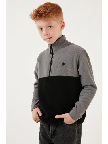 Soft Touch Half Zipper Color Block Stand-Up Collar Fleece 5905004-Gray - 5