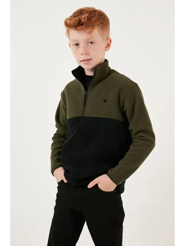 Soft Touch Half Zipper Color Block Stand-up Collar Fleece 5905004-Khaki - LC WAIKIKI