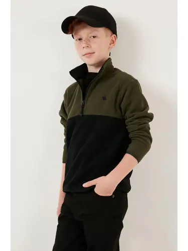 Soft Touch Half Zipper Color Block Stand-up Collar Fleece 5905004-Khaki - LC WAIKIKI (1)